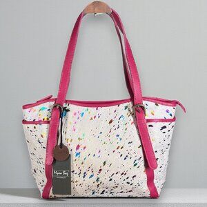 Myra Bag Leather & Hairon Iridescent Foil Highlights Shoulder Tote Bag - NEW